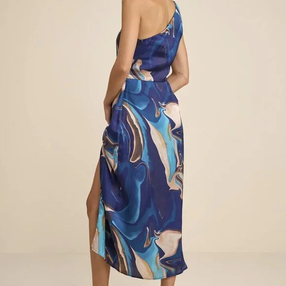 NWT Lulus Rhema Blue Multi Abstract Print Satin Midi Dress - Picture 3 of 6